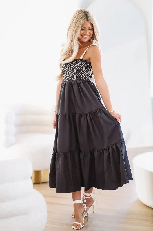 Ribbon Tie Maxi Dress - Black